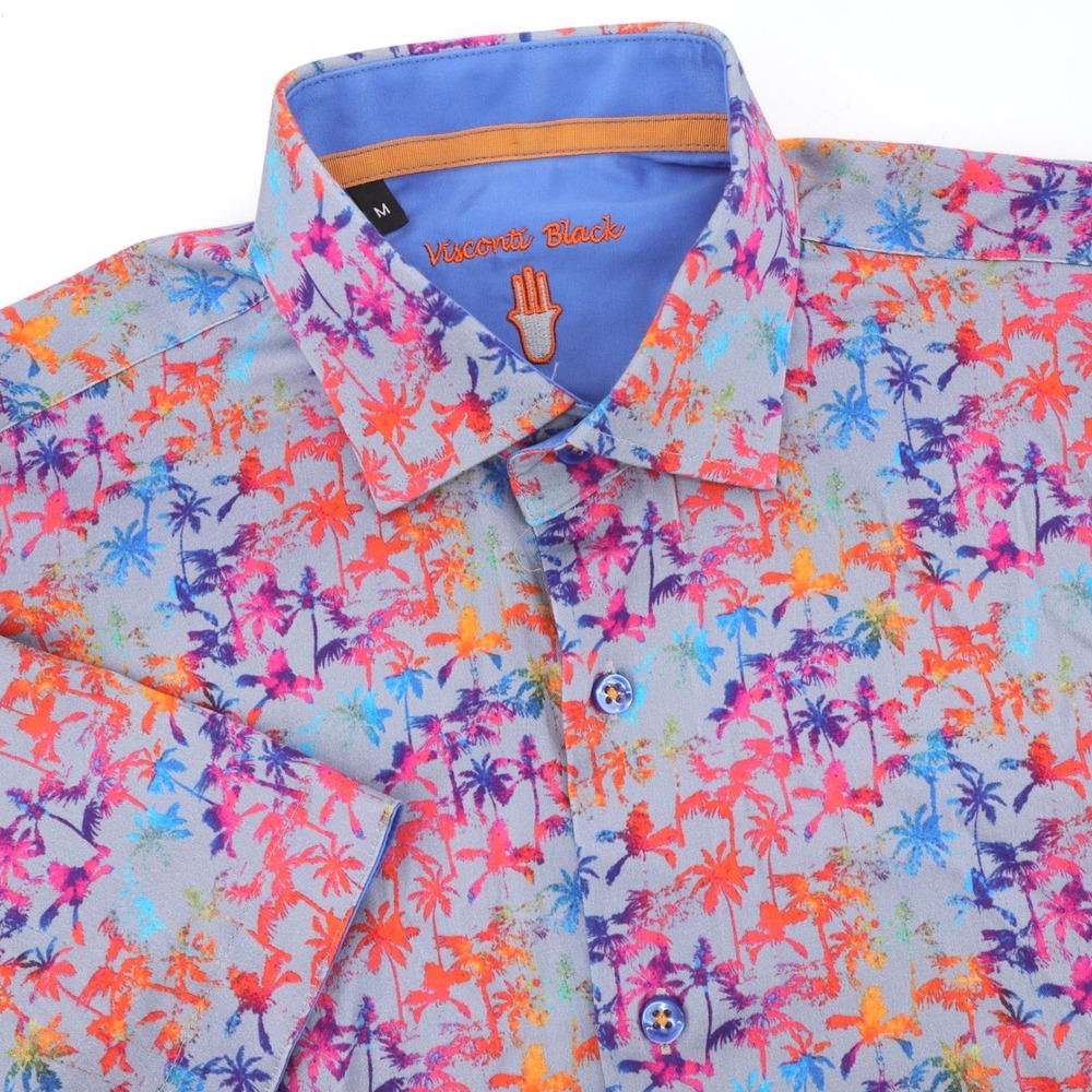Visconti Black Abstract Palm Tree Print Button Down‎ Shirt Grey Blue Mens Medium